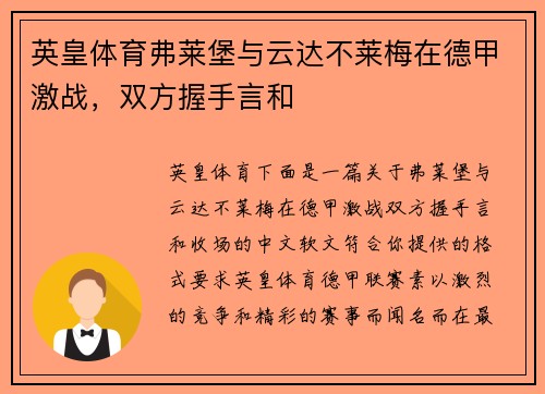 英皇体育弗莱堡与云达不莱梅在德甲激战，双方握手言和